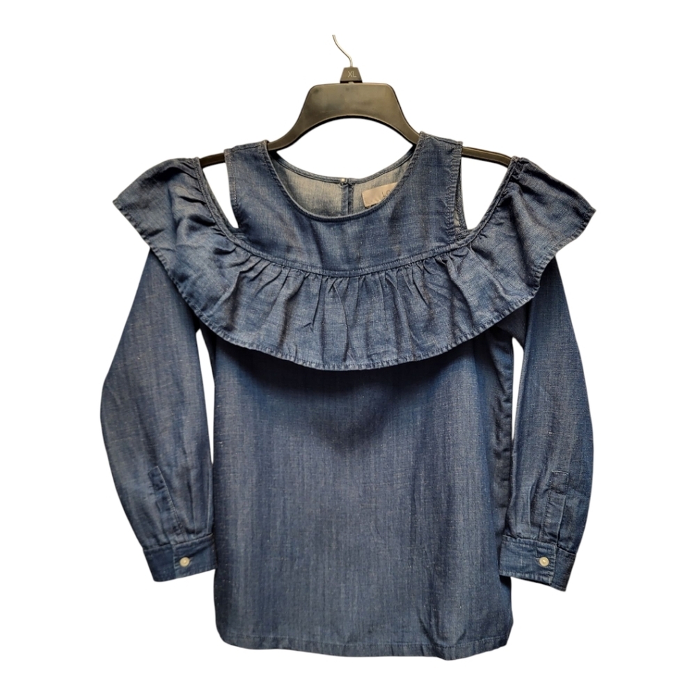 LOFT Blue Denim Ruffled Collar Blouse with Cold Shoulder Design - Size XSP